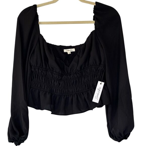 Shades of Rose Black Smocked Waist Long-Sleeve Crop Blouse – Size M - Picture 1 of 6